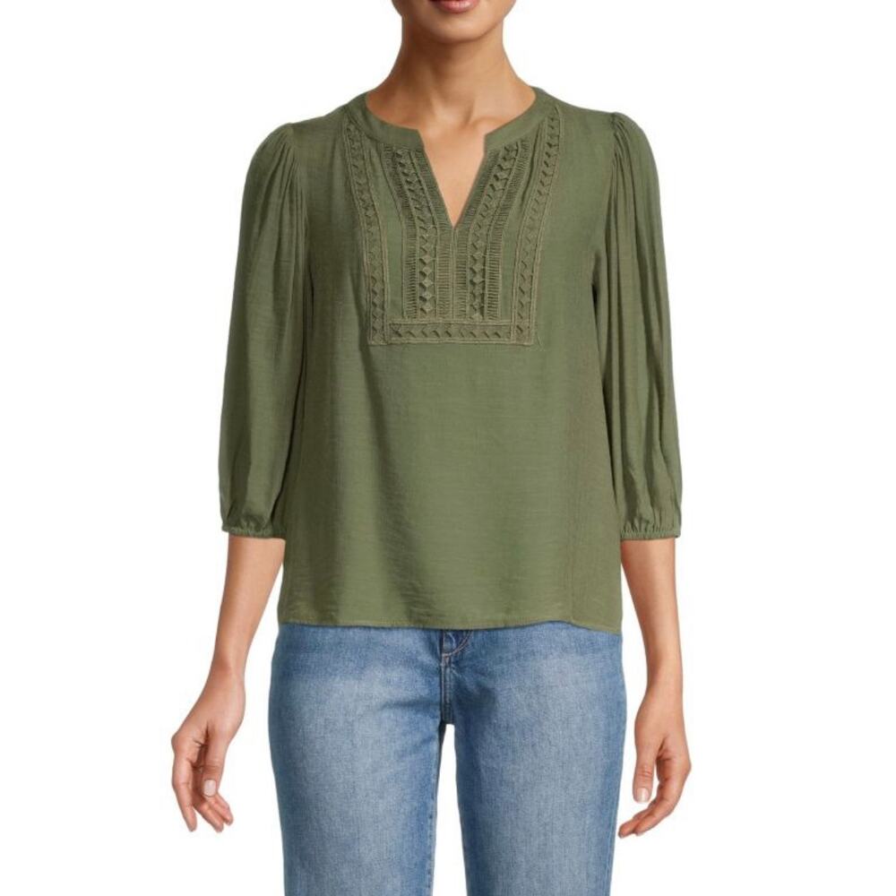 Nanette Lepore Crochet Detail Split Neck Top Size Small NWT Martini Olive Green - Picture 1 of 10